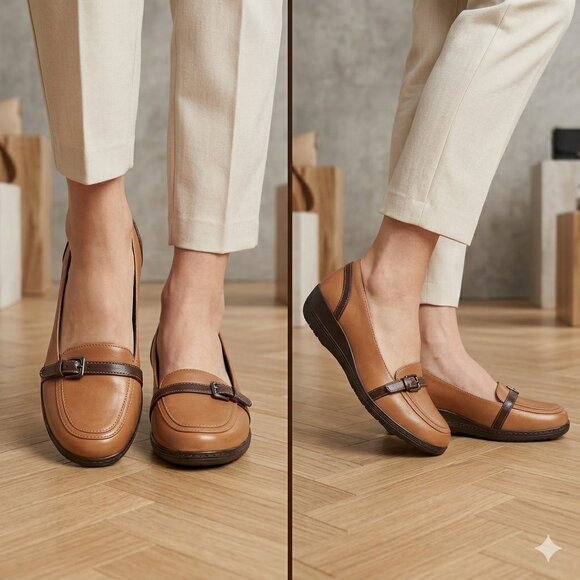 Rockport Shoes - NWOT Rockport Women's Tan Brown Leather Buckle Loafers Slip On Shoes Size 6